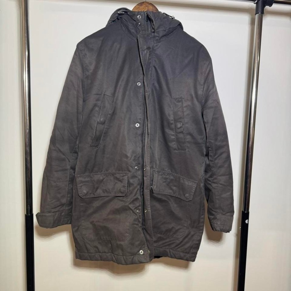 H&M Dark Brown Long Zip Up Hooded Barn Coat with Wax Like Outer Layer Size M